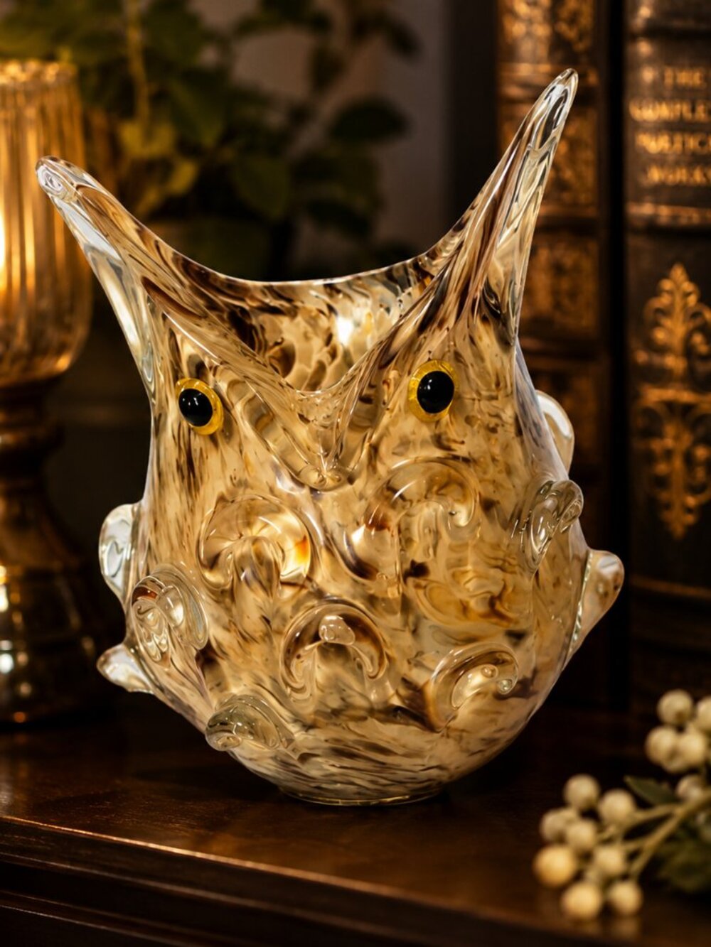 Vintage MMCI hand made art glass owl figurine amber swirl decorative vase
